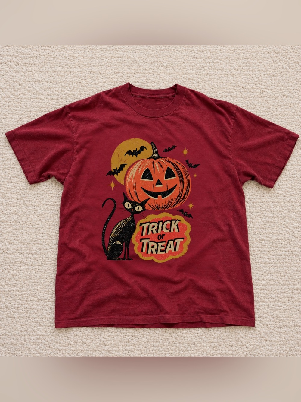 Gildan Maroon Halloween 'Trick or Treat' Cat & Pumpkin Tee